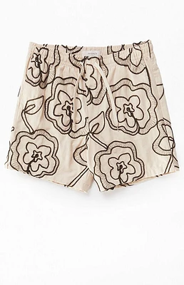 Pacsun Tan Floral Embroidered Linen Volley Shorts