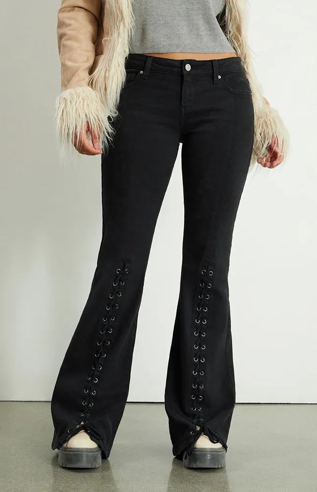 Black Lace-Up Low Rise Flare Jeans