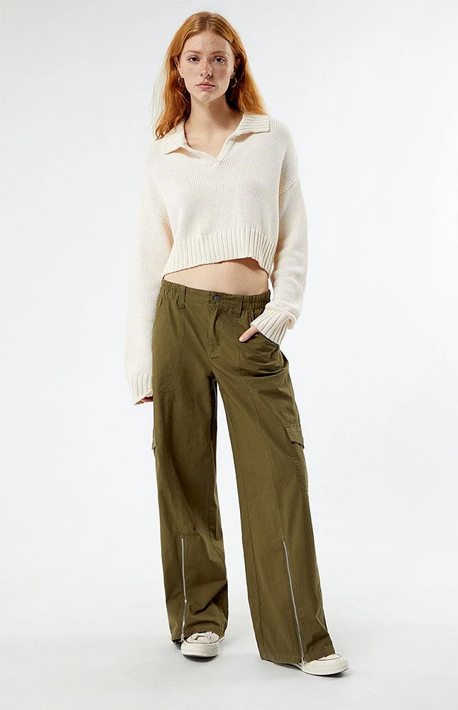 PacSun Olive Zip Low Rise Cargo Puddle Pants