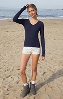 John Galt Navy Ribbed Long Sleeve Top