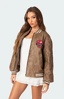 Washed Faux Leather Bomber Jacket