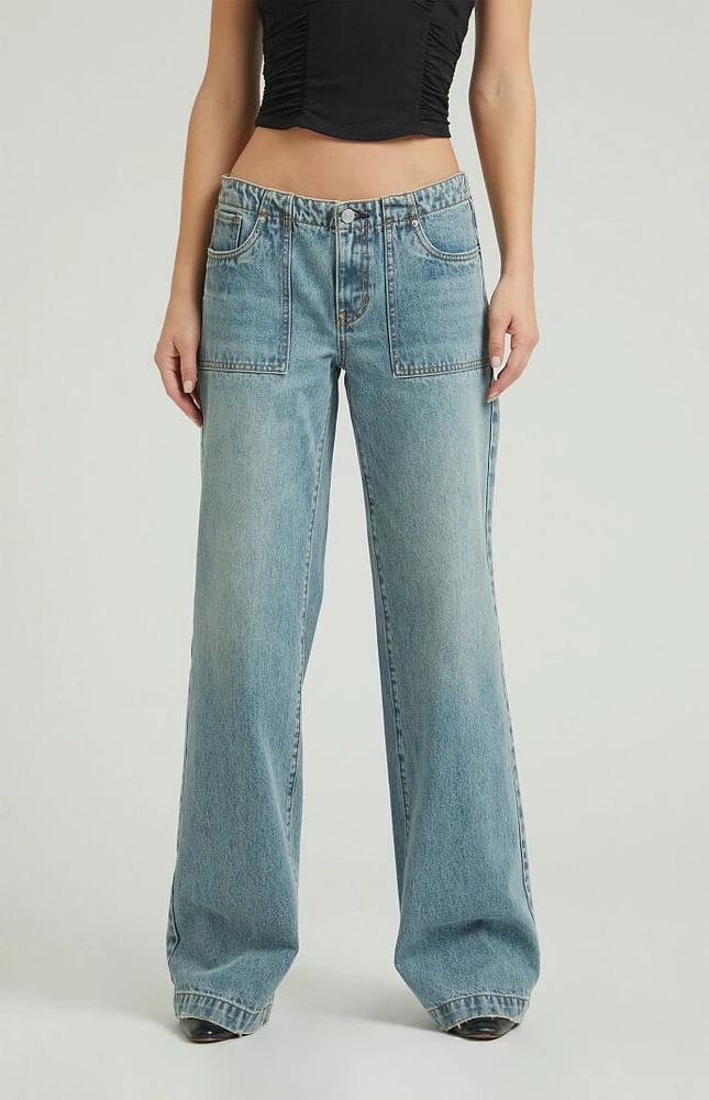 PacSun Casey Medium Indigo Patch Pocket Low Rise Baggy Jeans