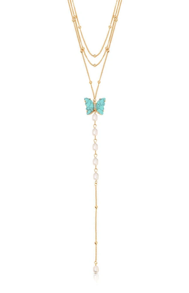 Ettika Turquoise Butterfly Pearl Chain Lariat Necklace