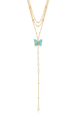 Ettika Turquoise Butterfly Pearl Chain Lariat Necklace