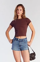 PacSun Medium Indigo Raw Cut High Waisted Denim Festival Shorts