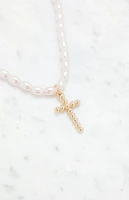 LA Hearts Pearl Cross Necklace