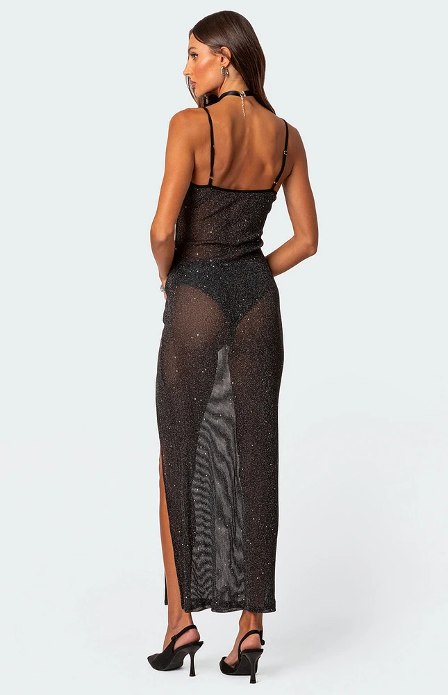 Sheer Micro Sequin Slitted Maxi Dress