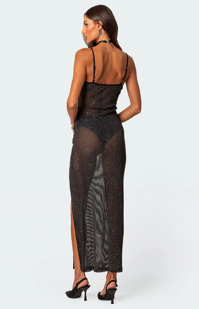 Edikted Sheer Micro Sequin Slitted Maxi Dress