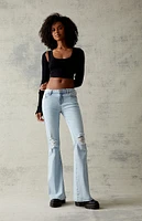 Light Blue Ripped Stretch Low Rise Flare Jeans
