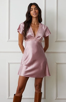 LA Hearts Lace Trim Satin V-Neck Mini Dress