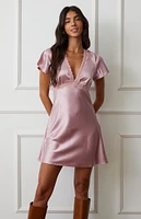 LA Hearts Lace Trim Satin V-Neck Mini Dress