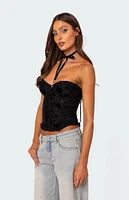 Edikted Marine Velvet Embroidered Corset Top