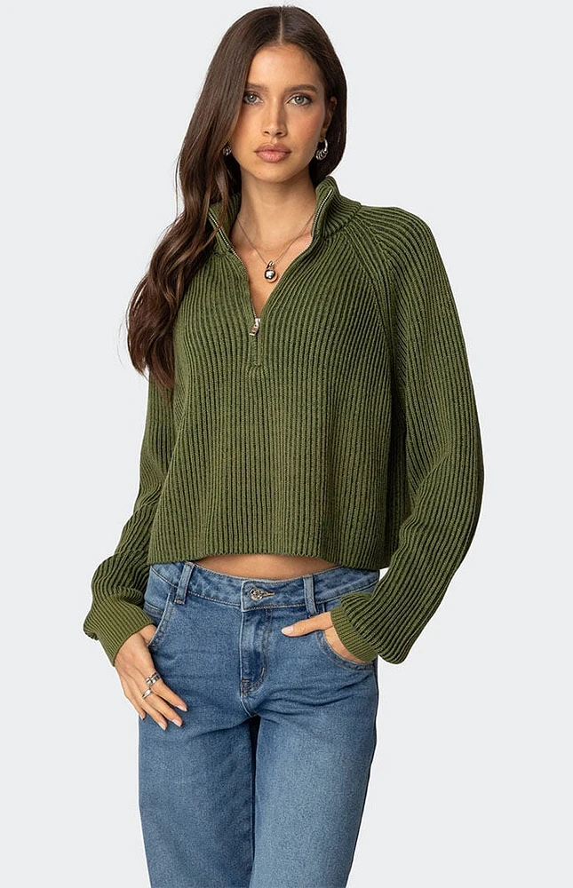 Edikted Cropped Rib Knit Half Zip Sweater