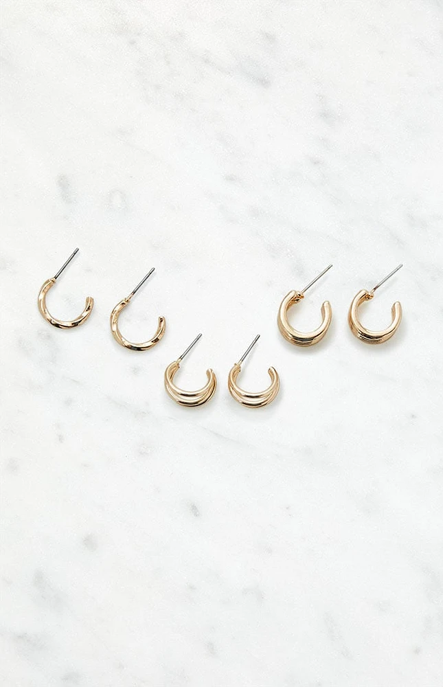 LA Hearts 3 Pack Edgy Gold Earrings