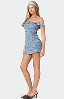 Edikted Off Shoulder Scrunched Plaid Mini Dress