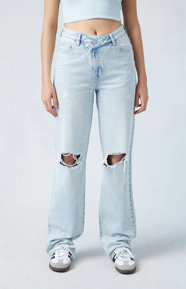 Pacsun Eco Light Indigo Ripped Asymmetrical Waistband '90s Boyfriend Jeans