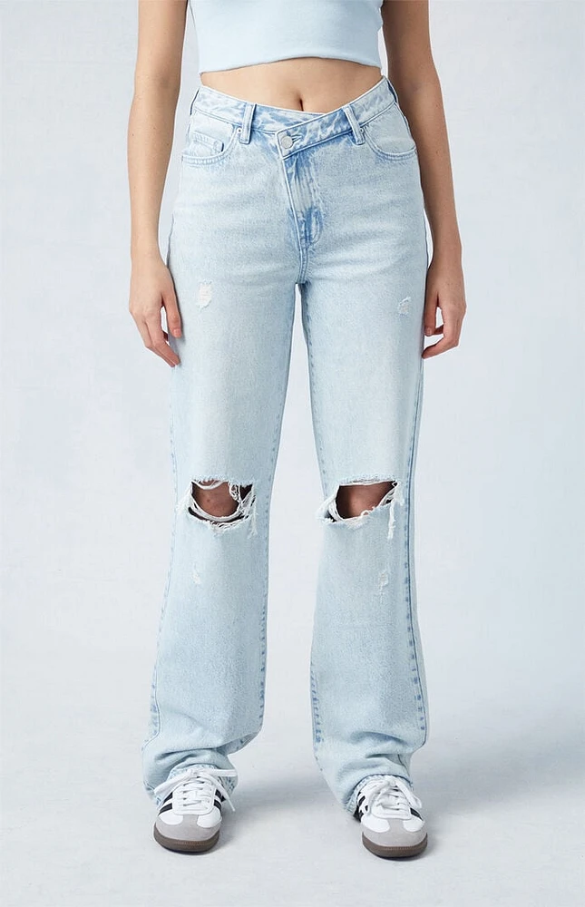 PacSun Eco Light Indigo Ripped Asymmetrical Waistband '90s Boyfriend Jeans