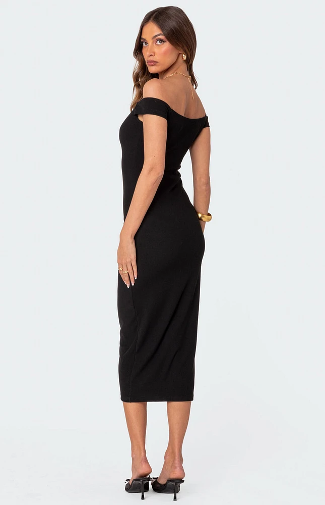 Kyla Off Shoulder Ribbed Midi Dress