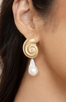 Ettika Nautilus Shell Freshwater Pearl Dangle Earrings