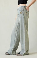 Pacsun Casey Camo Star Low Rise Baggy Jeans Light Indigo