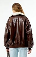 WEWOREWHAT Faux Leather Sherpa Collar Bomber Jacket