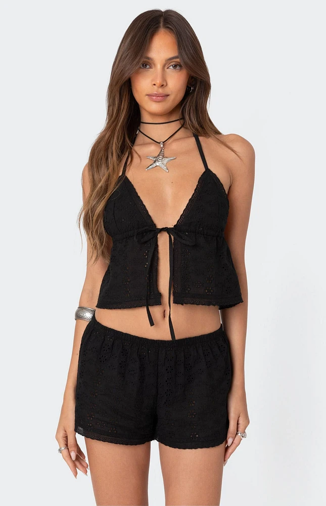 Edikted Jael Tie Front Eyelet Halter Top