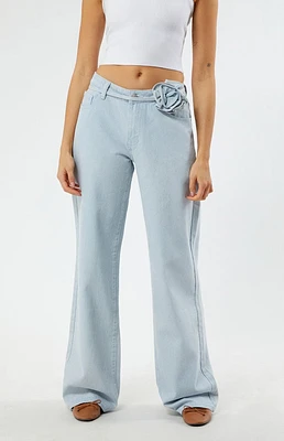 Light Indigo Rose Belted Low Rise Baggy Jeans