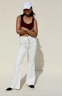 White Button Stretch High Waisted Flare Jeans
