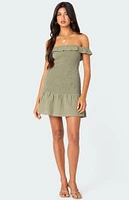 Edikted Off Shoulder Scrunched Linen Look Mini Dress