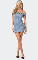 Edikted Off Shoulder Scrunched Plaid Mini Dress