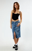 Medium Indigo Carpenter Cargo Denim Midi Skirt