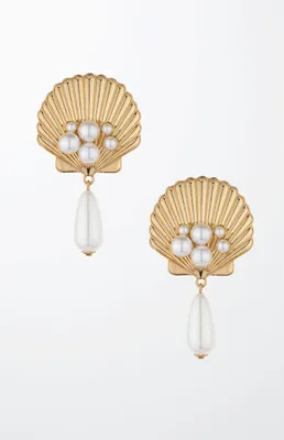 Golden Seashell Pearl Drop Earrings
