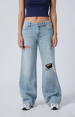 PacSun Casey Ripped Low Rise Baggy Jeans Light Indigo Wash