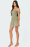 Edikted Off Shoulder Scrunched Linen Look Mini Dress