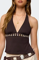 Edikted Pearlsy Button Backless Halter Top