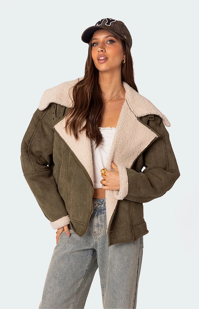 Edikted Faux Suede Shearling Oversized Jacket