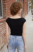 Black Ruched Cap Sleeve Top
