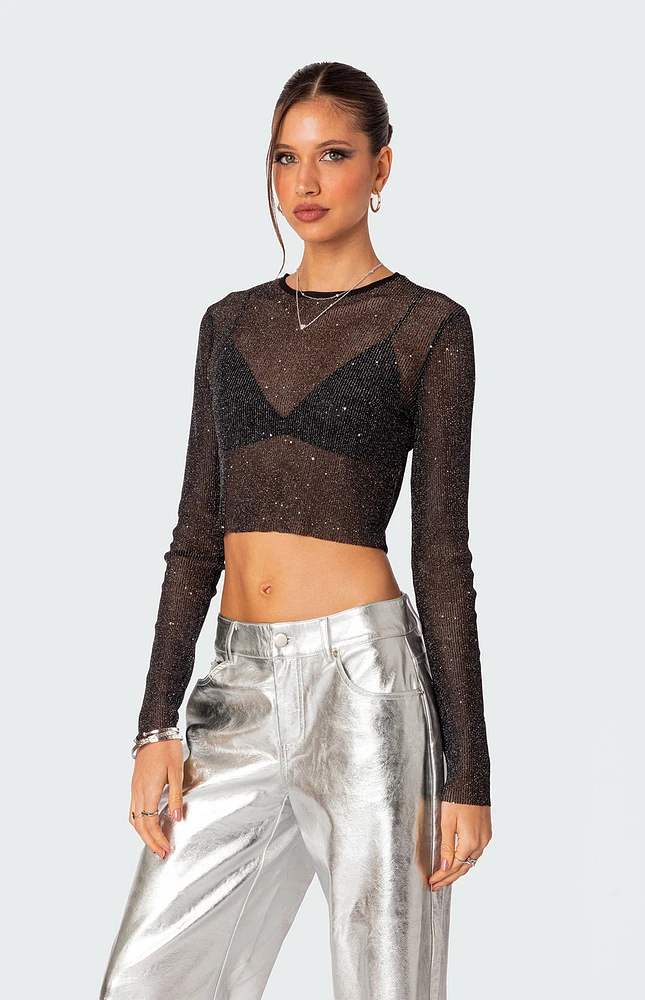 Marly Sheer Shimmer Sequin Long Sleeve Top