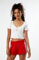 LA Hearts Pointelle Rose Short Sleeve Sweater