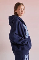 Beverly and Beck Denim Bow Applique Zip Up Hoodie