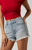 Pacsun Light Indigo Frayed Button Fly High Waisted Denim Festival Shorts