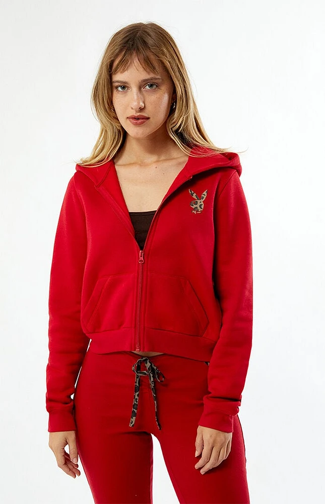 Playboy By PacSun Leopard Applique Zip Up Hoodie