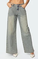 Edikted Rhinestone Low Rise Washed Jeans