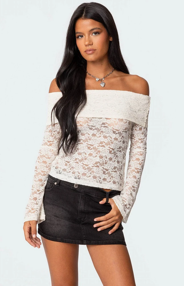 Edikted Ashley Off Shoulder Sheer Lace Top