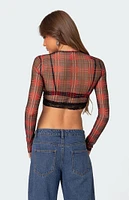 Edikted Noel Plaid Printed Mesh Crop Top