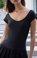 John Galt Black V-Neck Off-The-Shoulder Top
