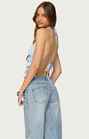 Edikted Tiered Ruffle Backless Striped Halter Top