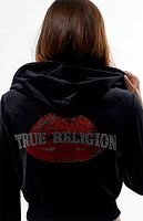 True Religion Crystal Lips Velour Shrunken Zip Up Hoodie