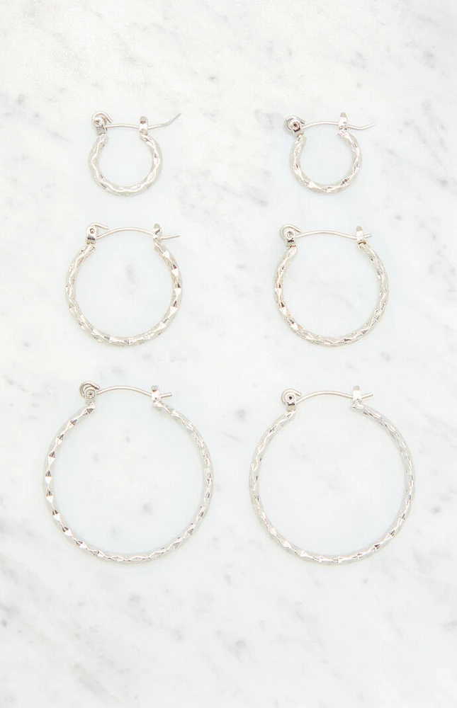 LA Hearts 3 Pack Silver Hammered Hoop Earrings