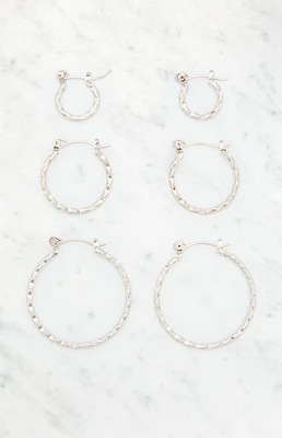 LA Hearts 3 Pack Silver Hammered Hoop Earrings